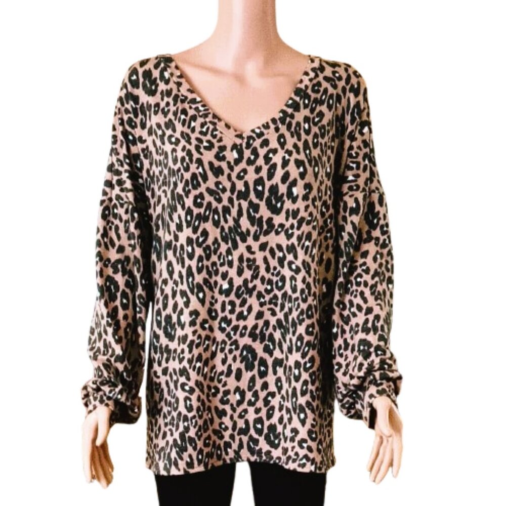 Sew in Love Animal Print Top L Long Sleeves V Neck Tunic Stretch